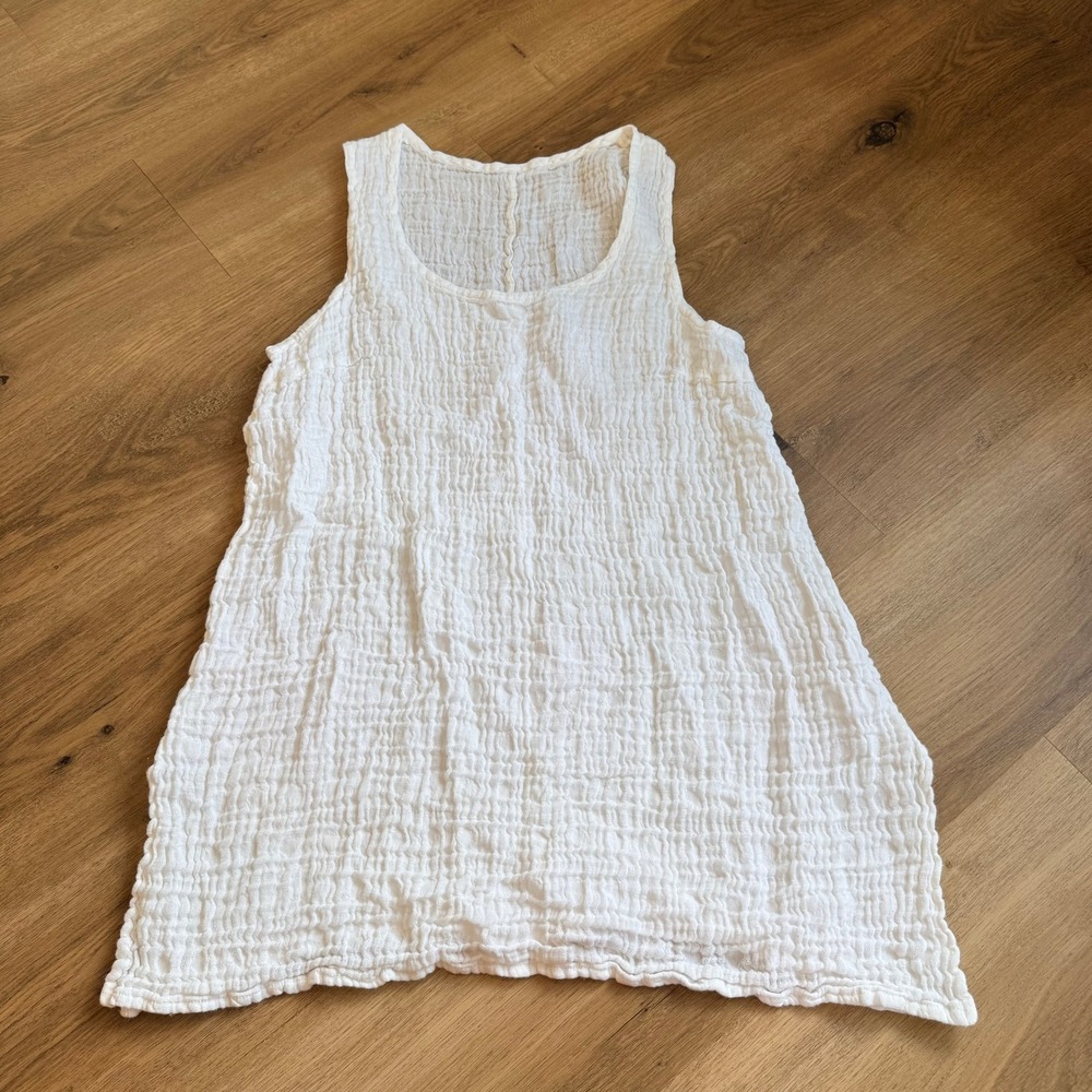 Grizas White Linen Cotton Crinkle Gauze Sleeveless Tunic Tank Top
